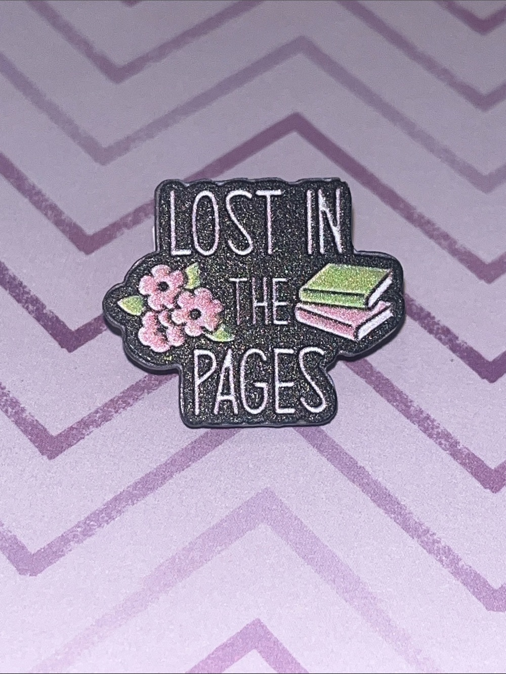 Acrylic Pin Green Pink White Black “Lost in the Pages”